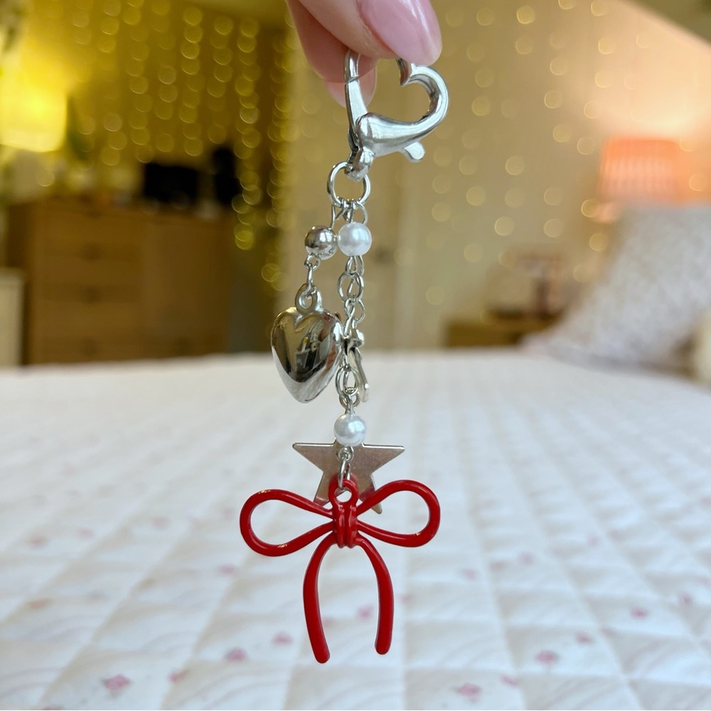 Silver Heart Keychain w/ Red Bow, Star & Heart Charms